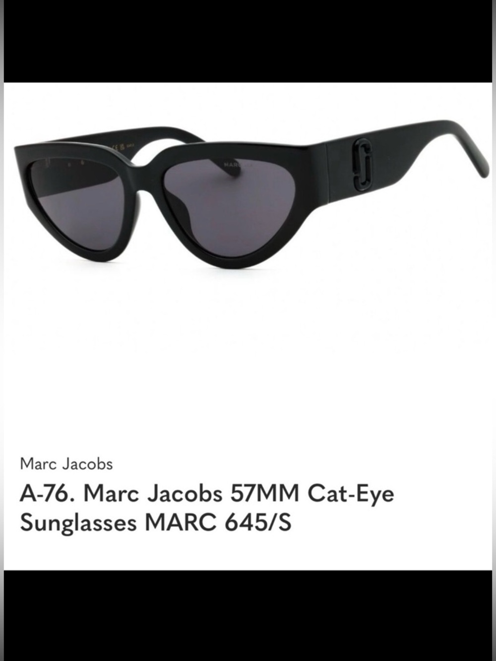 New Marc Jacobs Black Cat-Eye Sunglasses